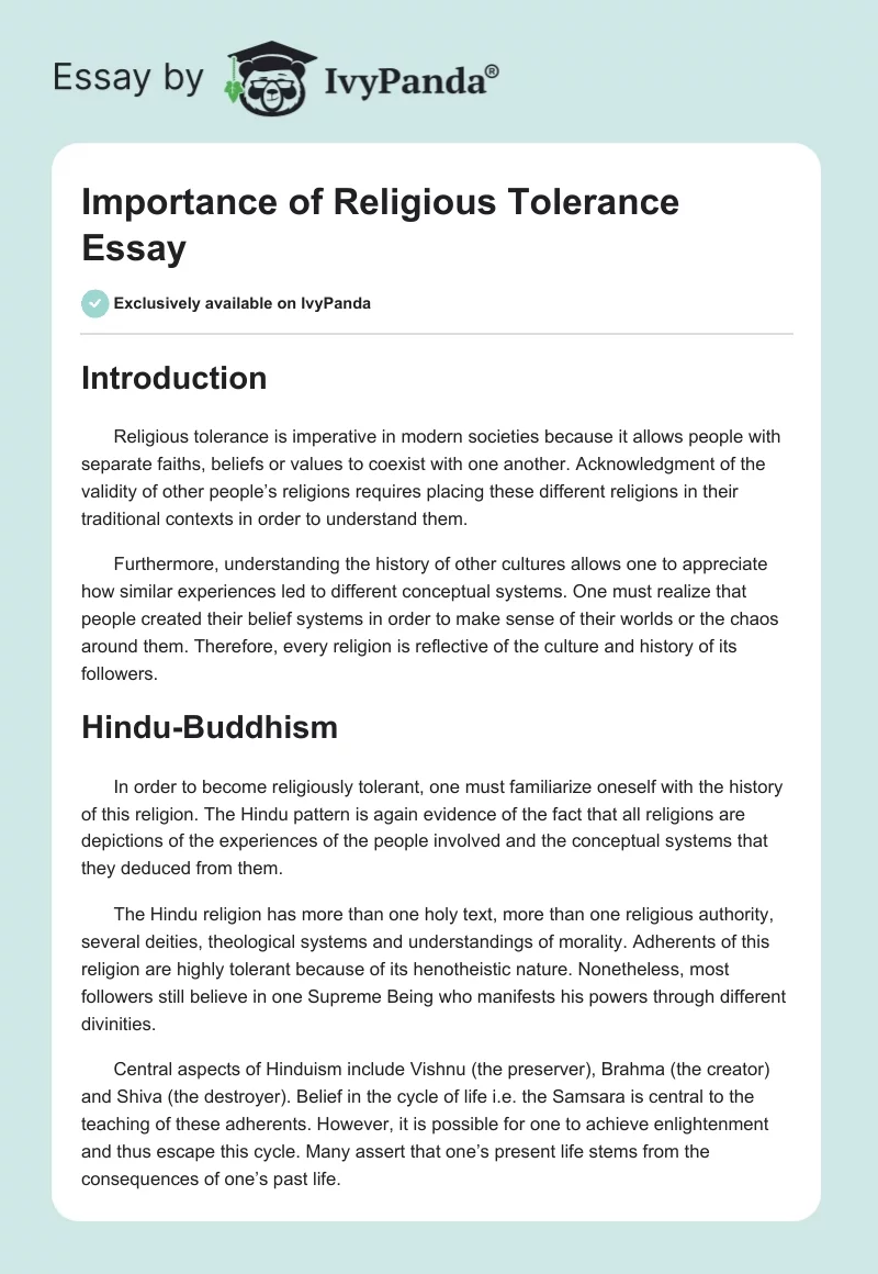 Importance of Religious Tolerance Essay. Page 1