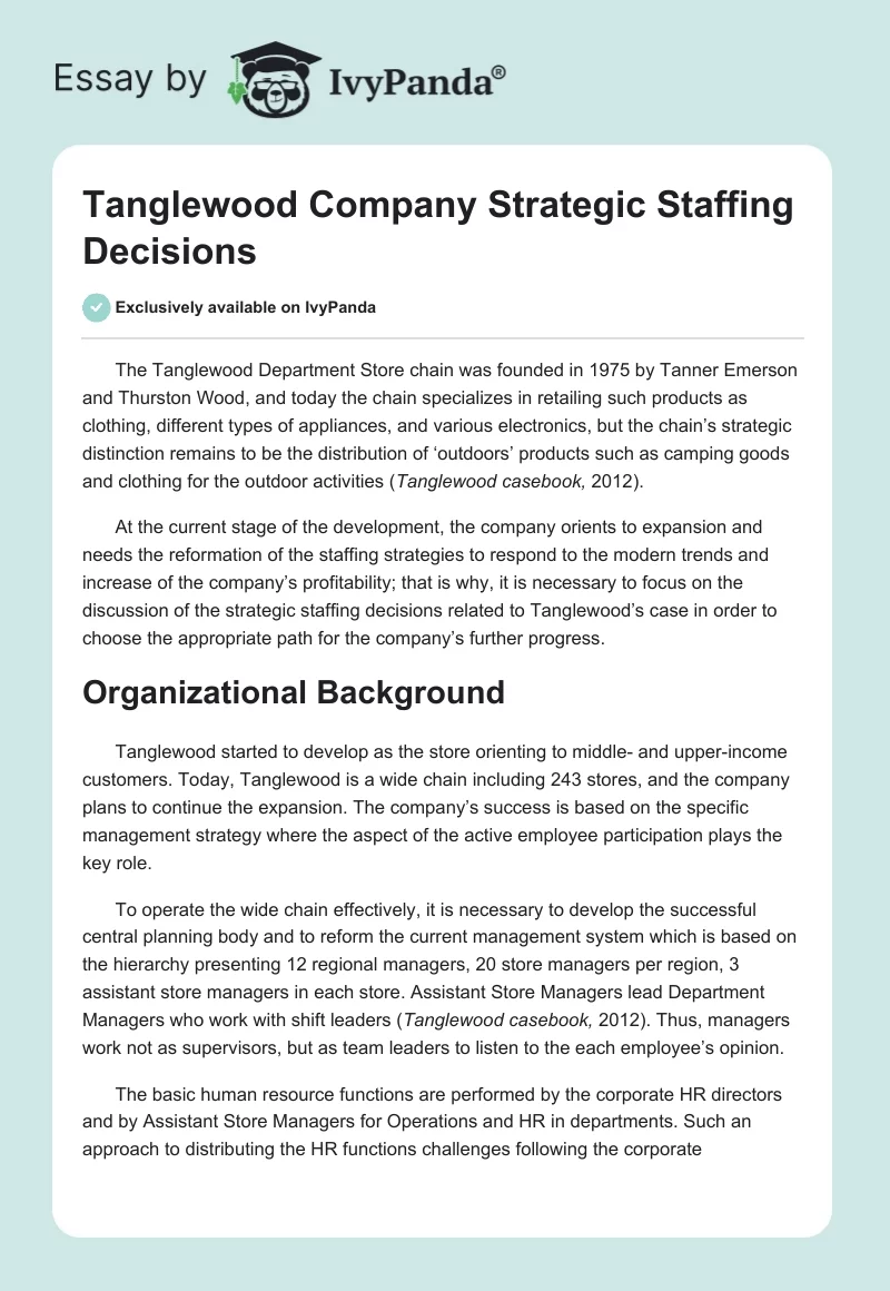 Tanglewood Company Strategic Staffing Decisions. Page 1