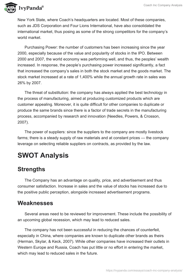 Coach Inc Company Analysis. Page 3