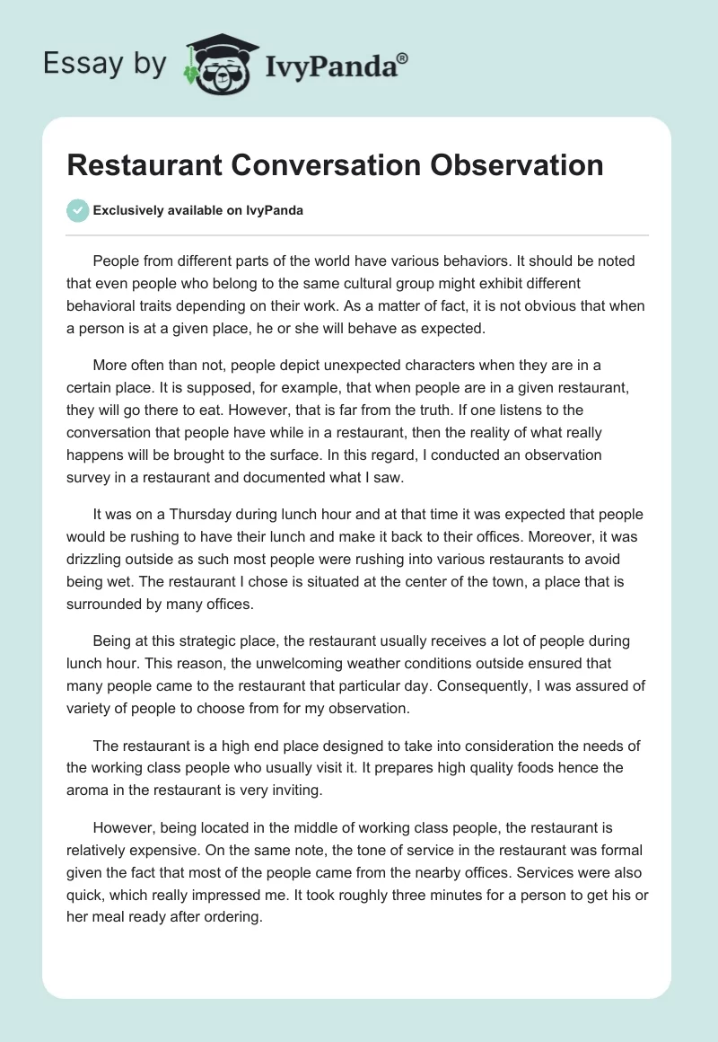 Restaurant Conversation Observation. Page 1