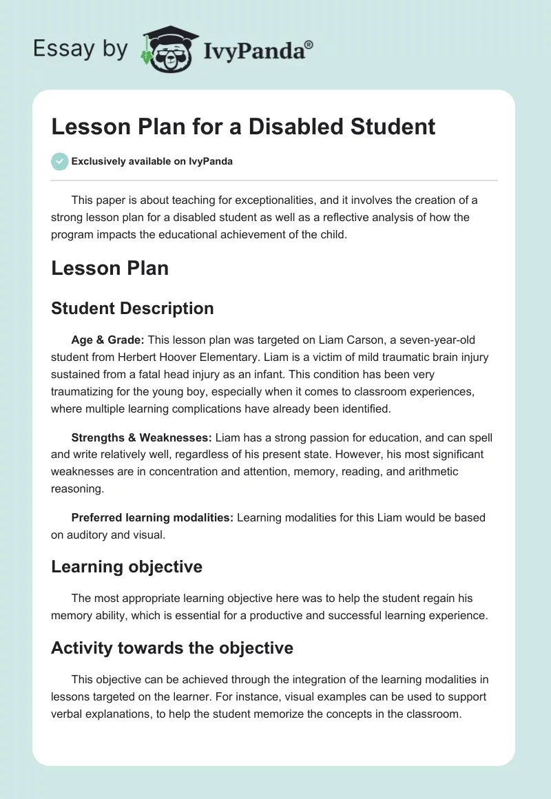 Lesson Plan for a Disabled Student. Page 1