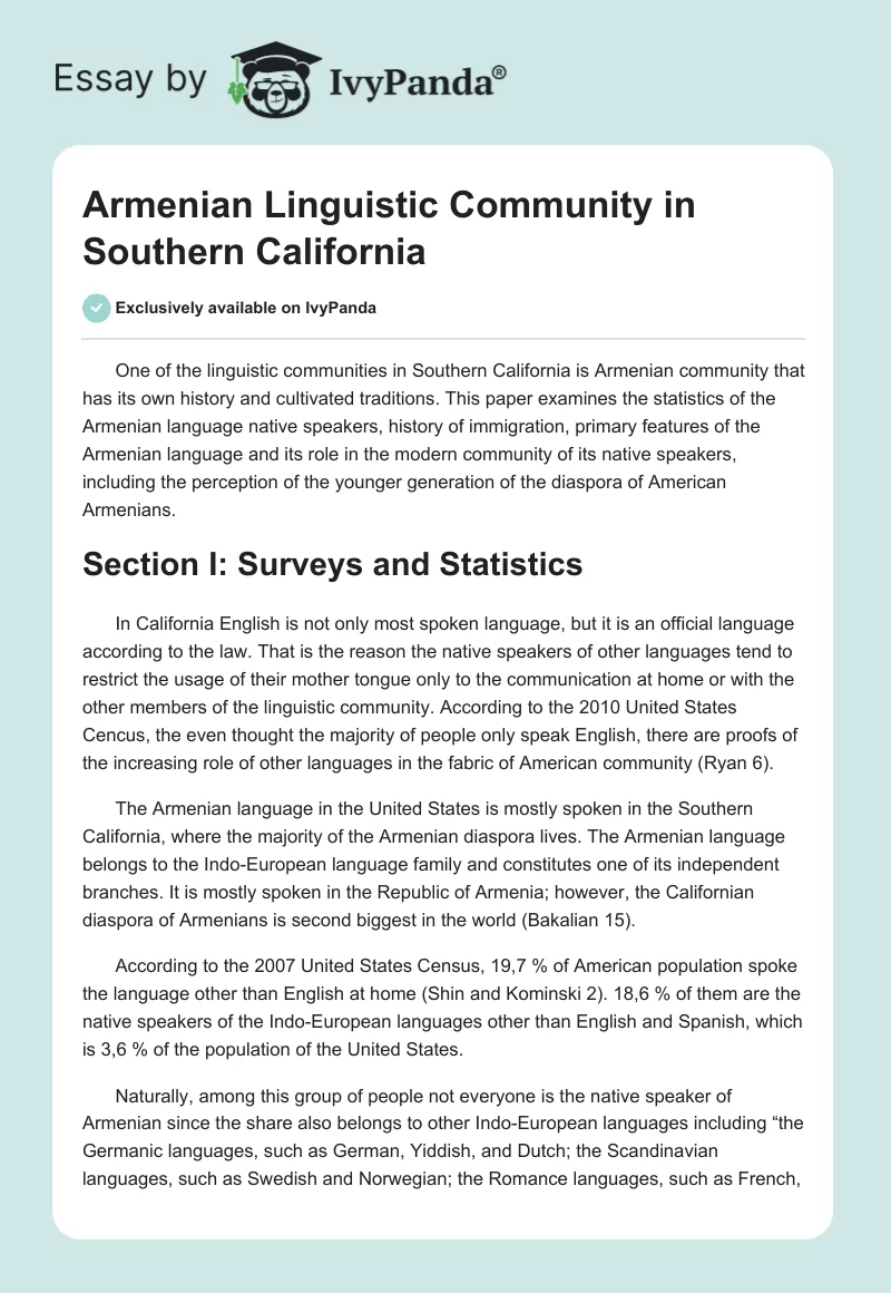 Armenian Linguistic Community in Southern California. Page 1