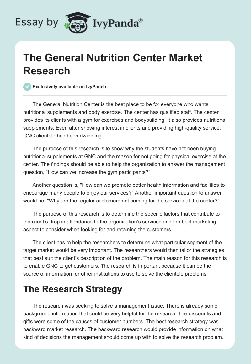 The General Nutrition Center Market Research. Page 1