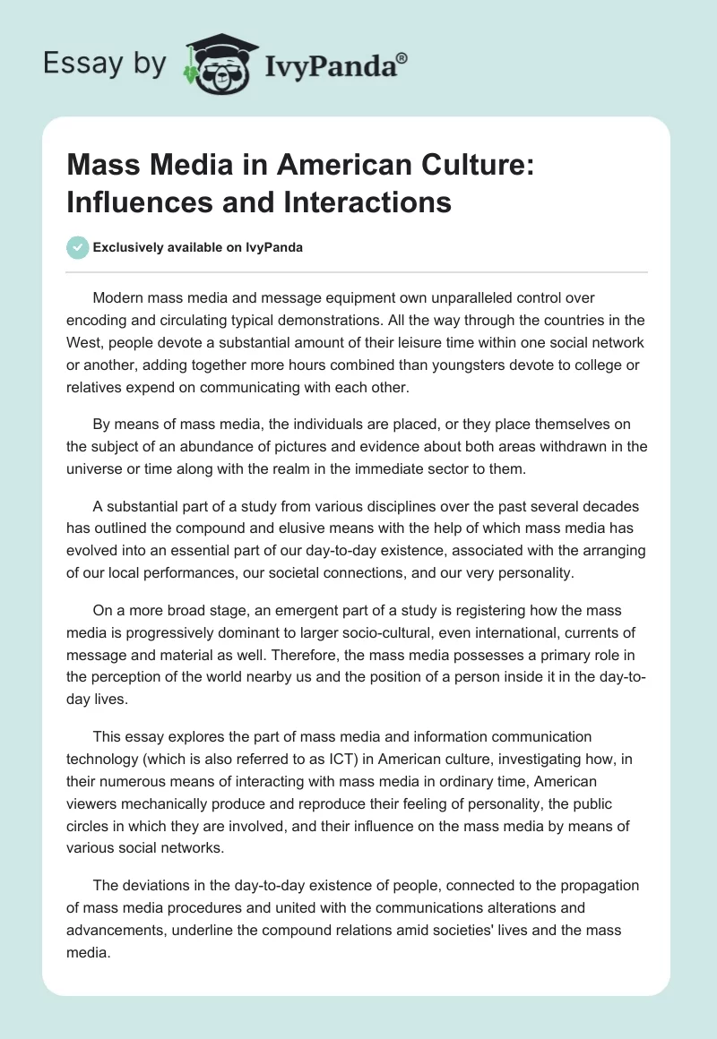 Mass Media in American Culture: Influences and Interactions. Page 1