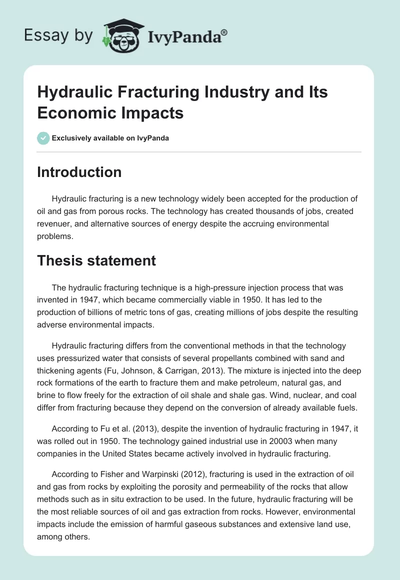 Hydraulic Fracturing Industry and Its Economic Impacts. Page 1