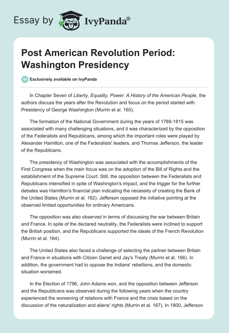 Post American Revolution Period: Washington Presidency. Page 1