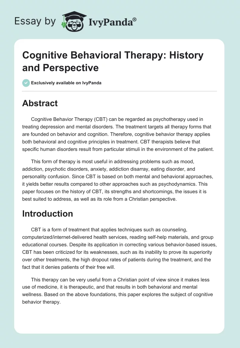 Cognitive Behavioral Therapy: History and Perspective. Page 1