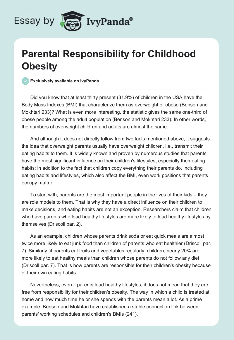 Parental Responsibility for Childhood Obesity. Page 1