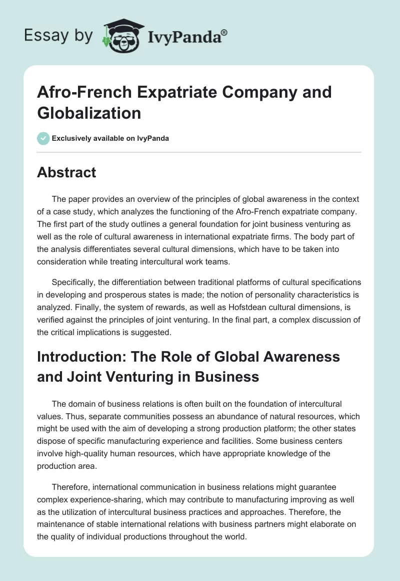 Afro-French Expatriate Company and Globalization. Page 1