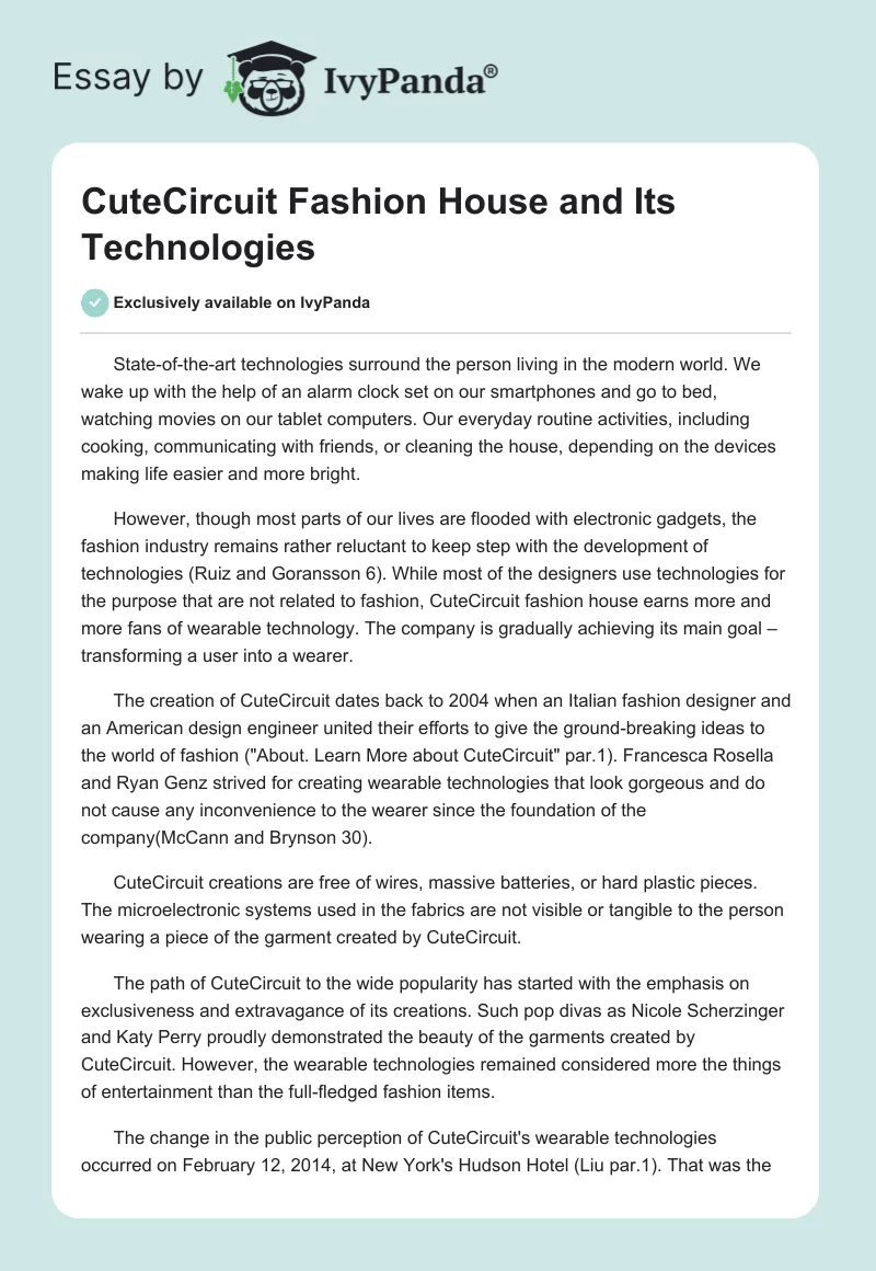 CuteCircuit Fashion House and Its Technologies. Page 1