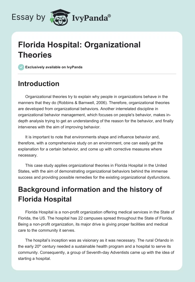 Florida Hospital: Organizational Theories. Page 1