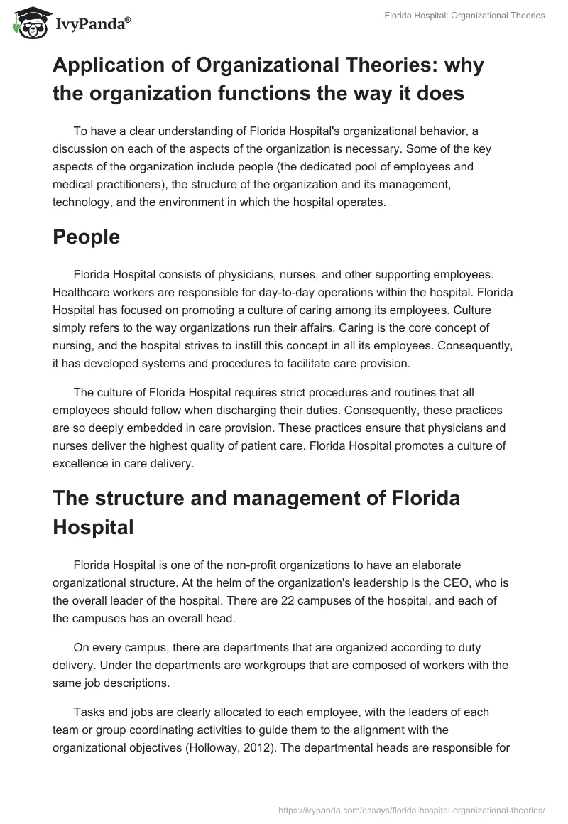 Florida Hospital: Organizational Theories. Page 3