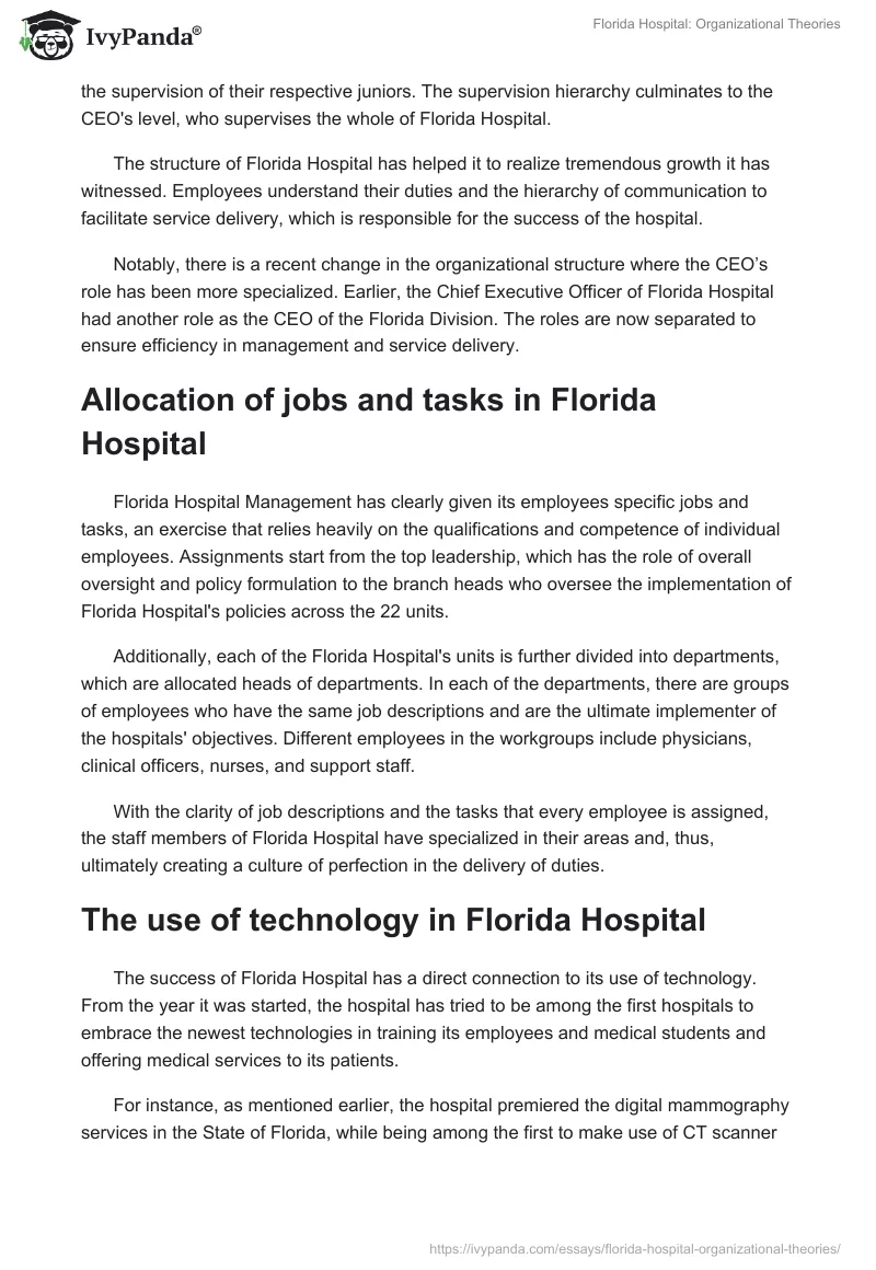 Florida Hospital: Organizational Theories. Page 4