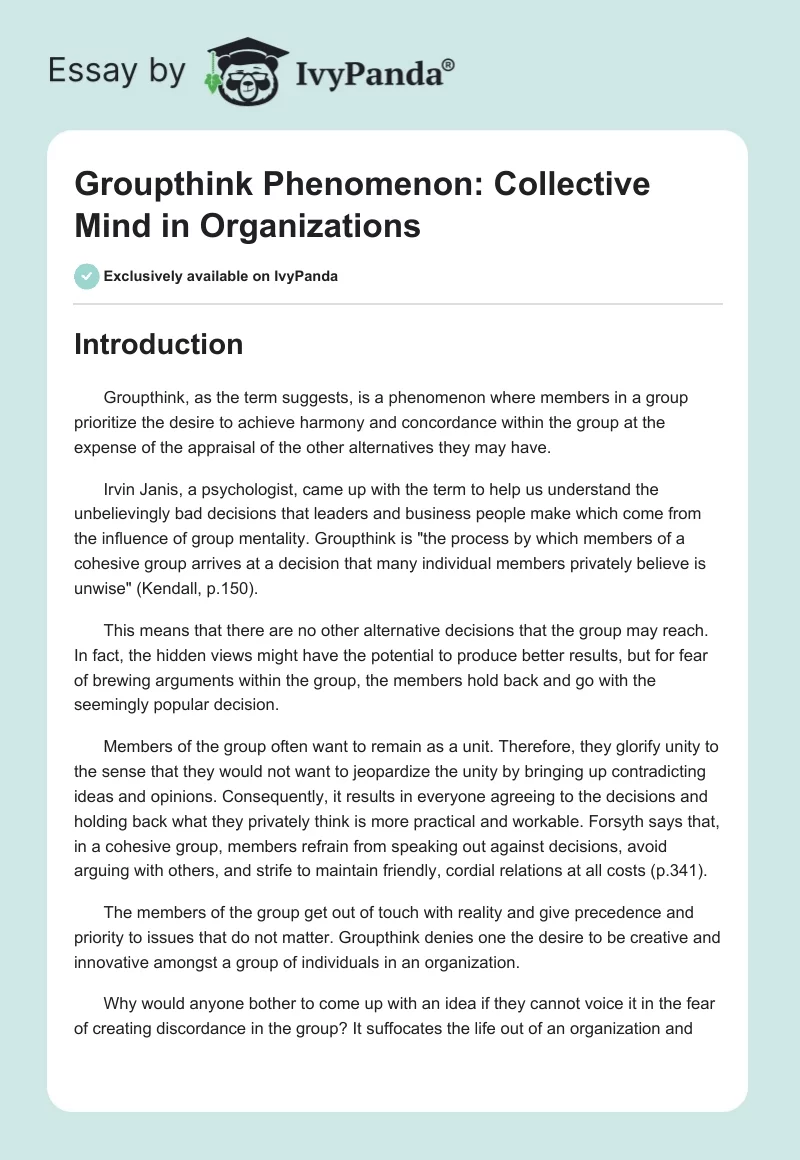 Groupthink Phenomenon: Collective Mind in Organizations. Page 1