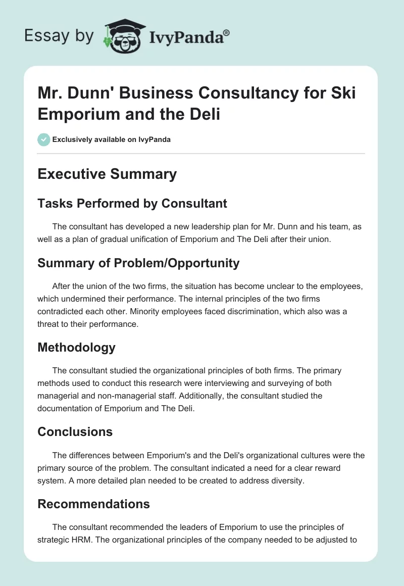 Mr. Dunn' Business Consultancy for Ski Emporium and the Deli. Page 1