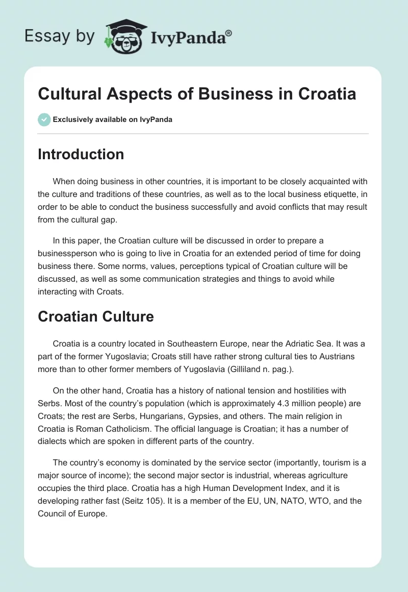 Cultural Aspects of Business in Croatia. Page 1