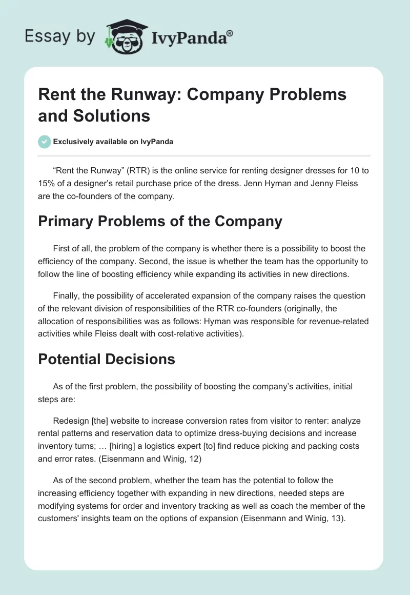 Rent the Runway: Company Problems and Solutions. Page 1