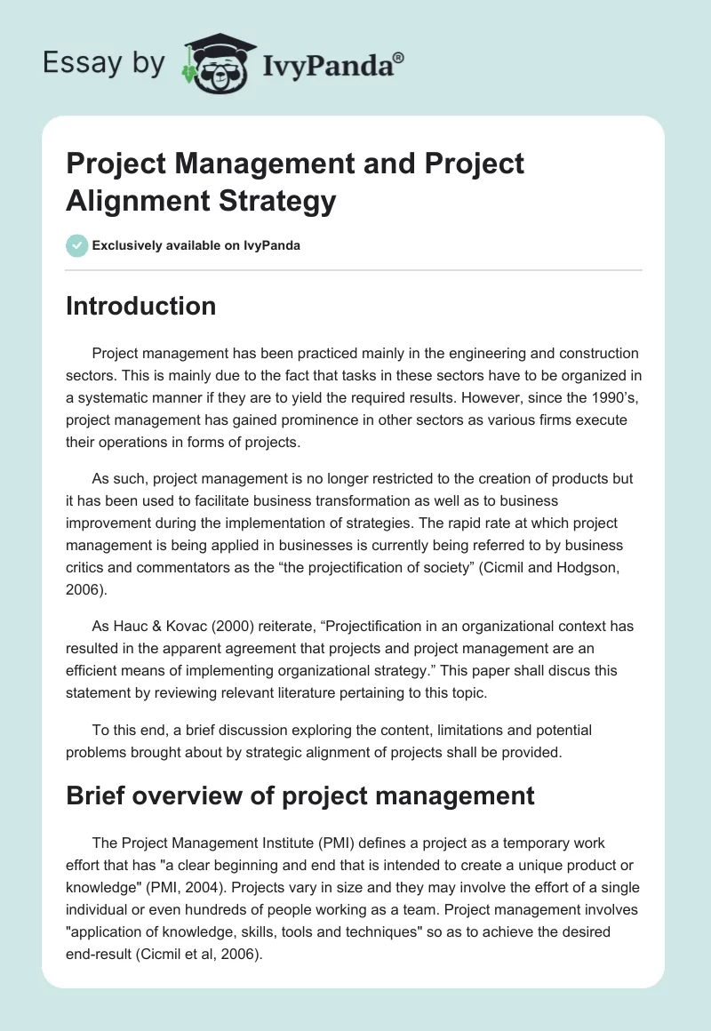 Project Management and Project Alignment Strategy. Page 1