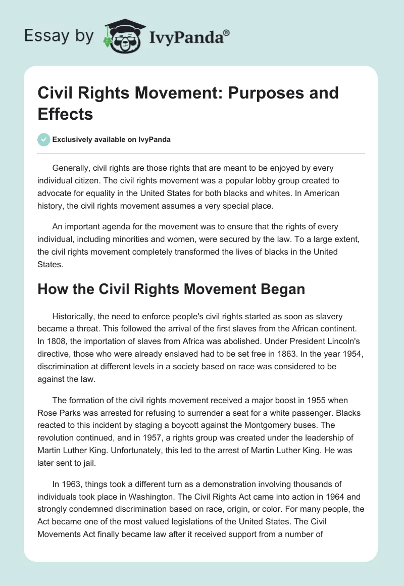 Civil Rights Movement: Purposes and Effects. Page 1