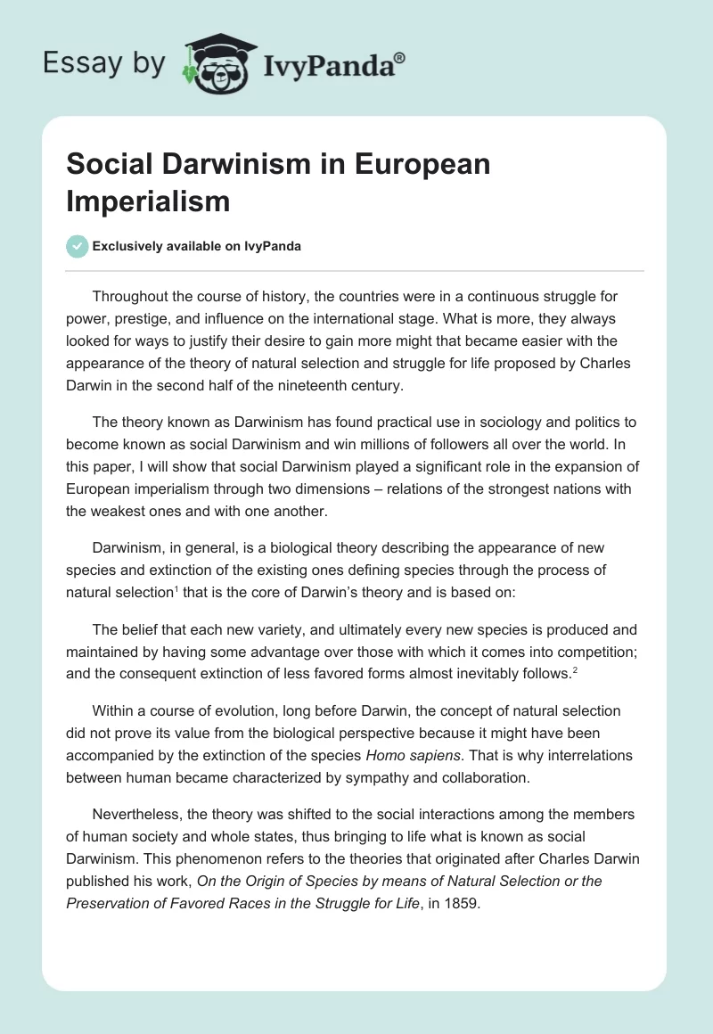 Social Darwinism in European Imperialism. Page 1