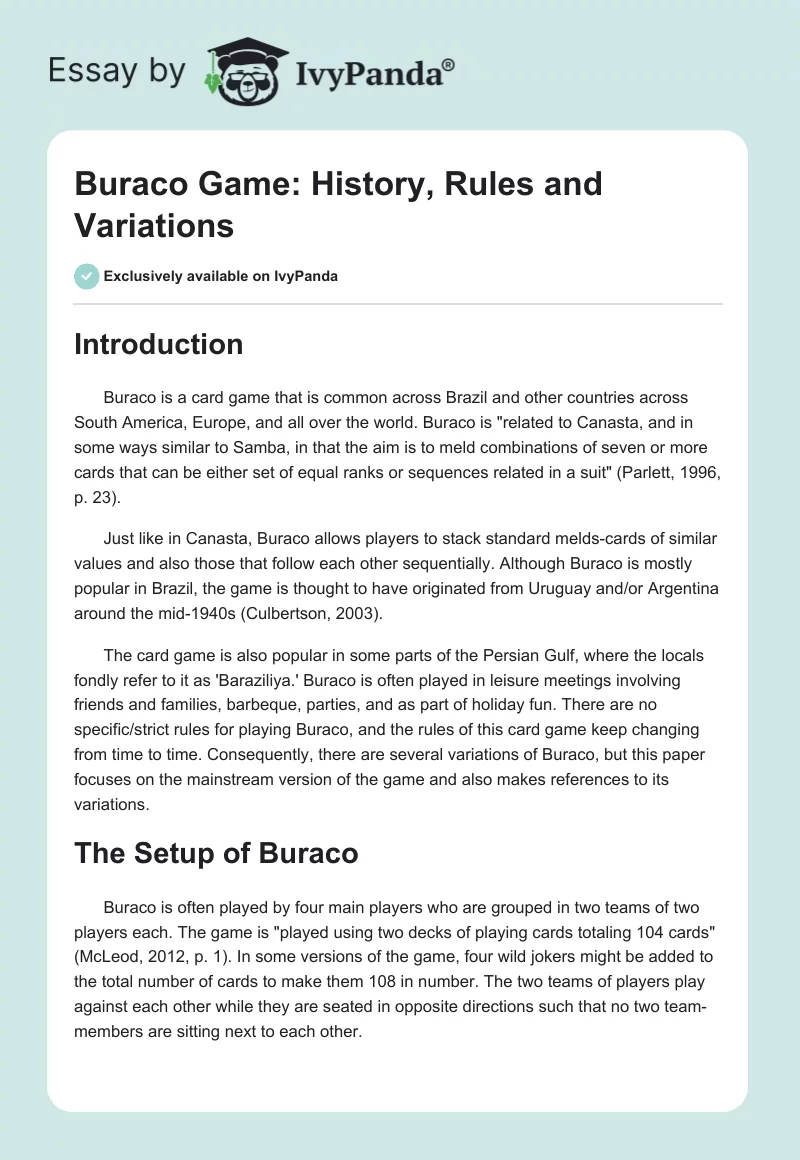Buraco Game: History, Rules and Variations. Page 1