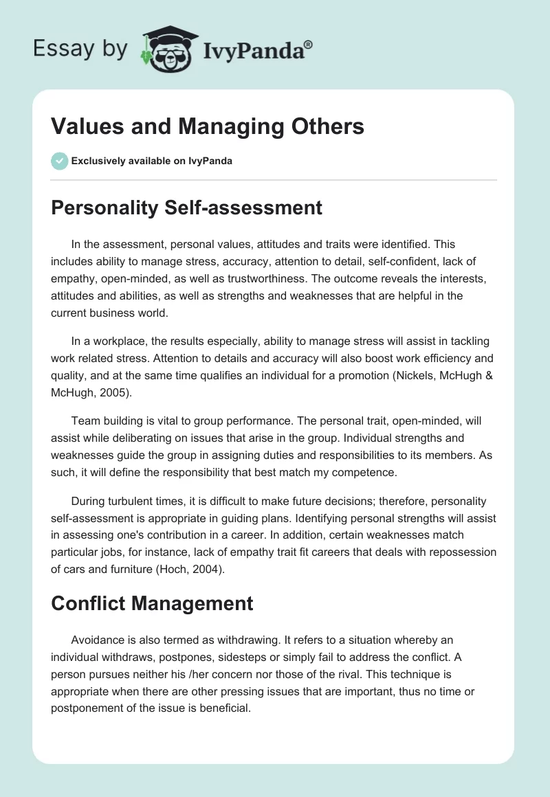 Values and Managing Others. Page 1