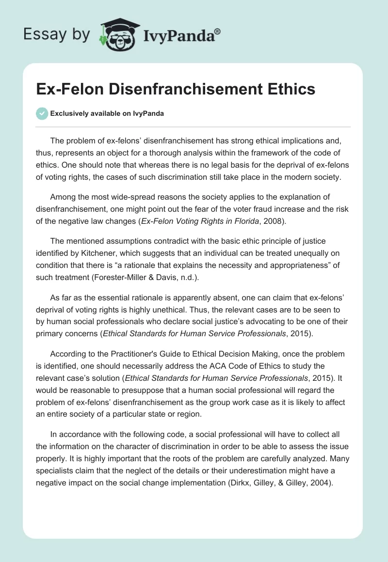 Ex-Felon Disenfranchisement Ethics. Page 1