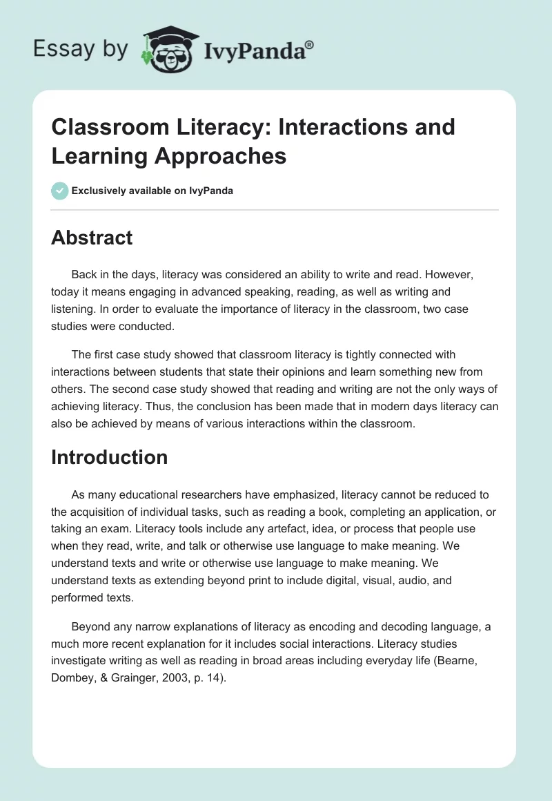 Classroom Literacy: Interactions and Learning Approaches. Page 1