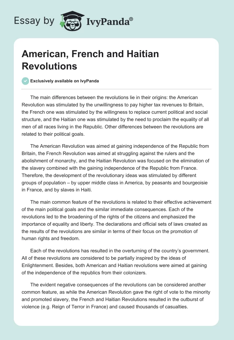 American, French and Haitian Revolutions. Page 1