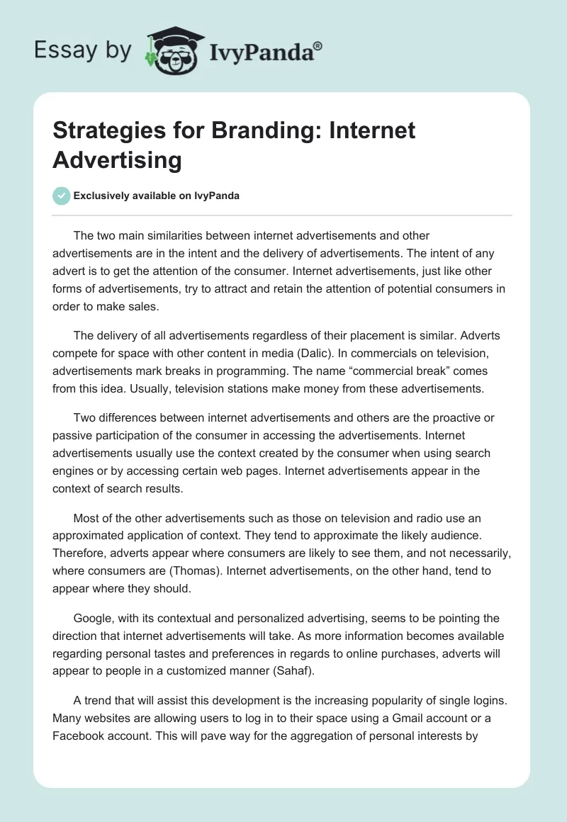 Strategies for Branding: Internet Advertising. Page 1