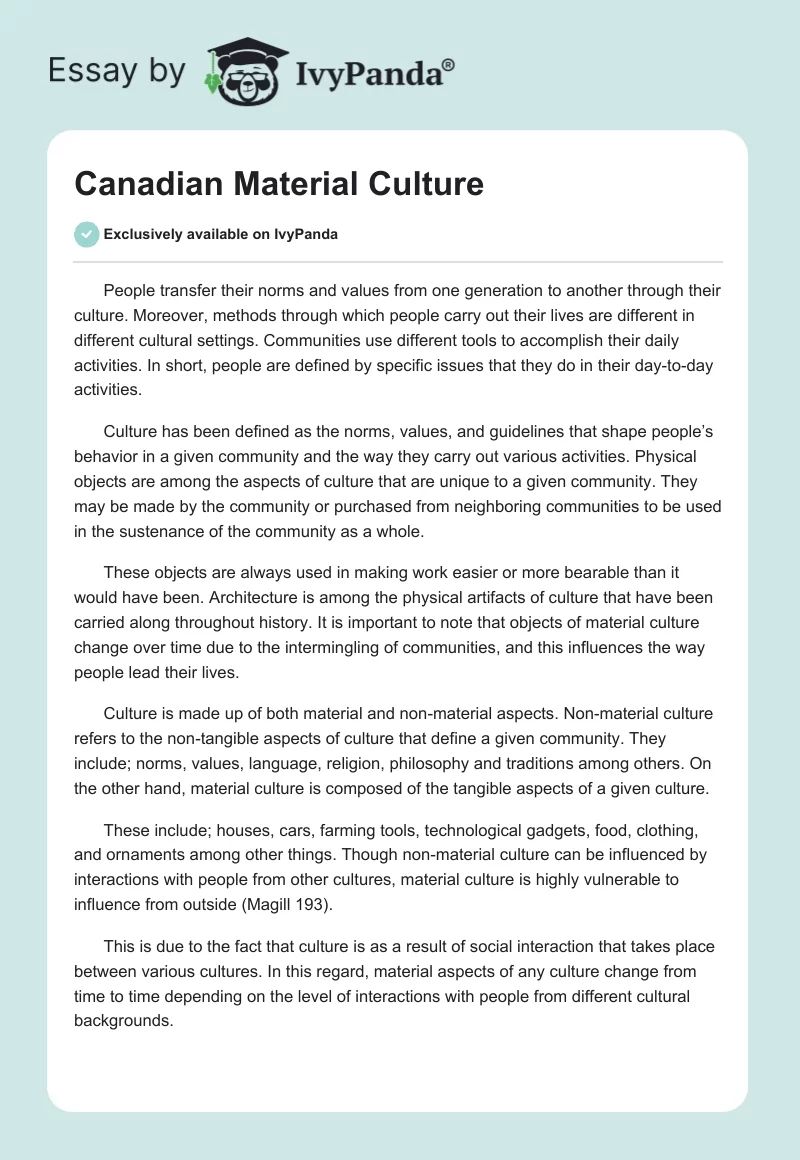 Canadian Material Culture. Page 1