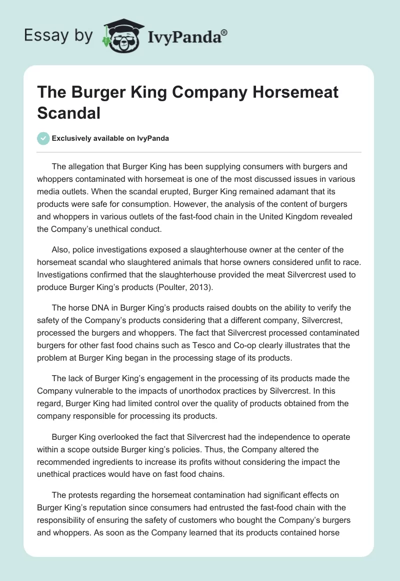 The Burger King Company Horsemeat Scandal. Page 1