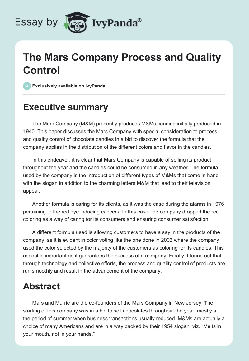 The Mars Company Process and Quality Control. Page 1