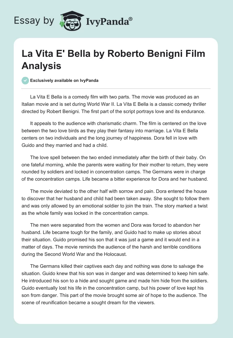 "La Vita E' Bella" by Roberto Benigni Film Analysis. Page 1