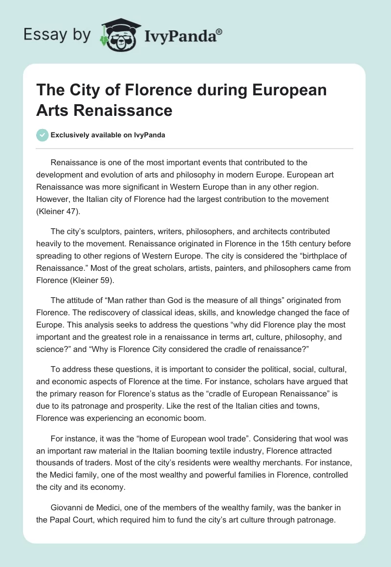 The City of Florence during European Arts Renaissance. Page 1
