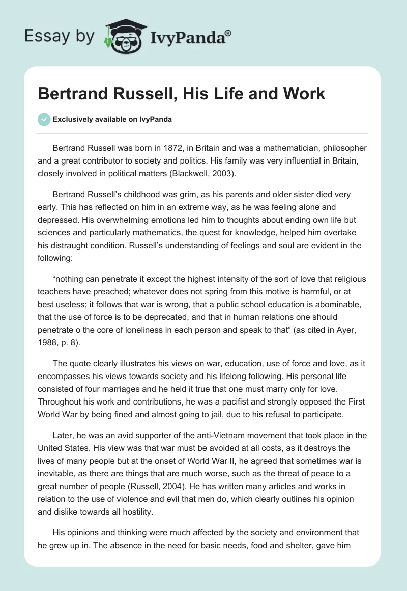 Bertrand Russell, His Life and Work. Page 1