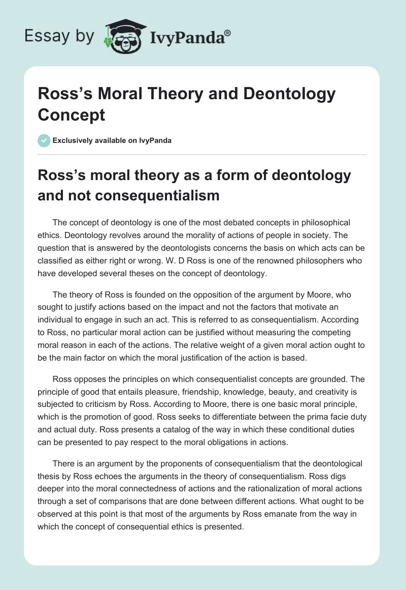 Ross’s Moral Theory and Deontology Concept. Page 1