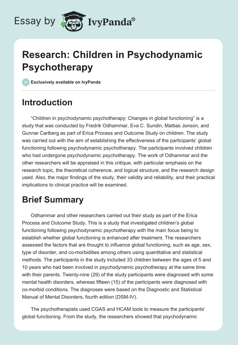 Research: Children in Psychodynamic Psychotherapy. Page 1