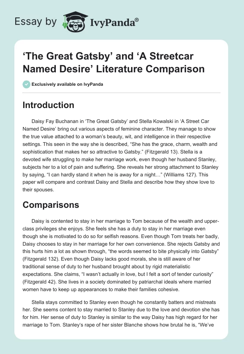 ‘The Great Gatsby’ and ‘A Streetcar Named Desire’ Literature Comparison. Page 1
