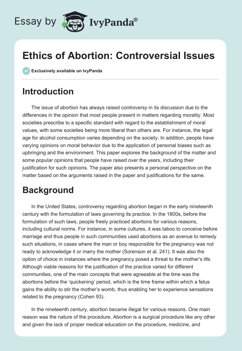 Ethics of Abortion: Controversial Issues. Page 1