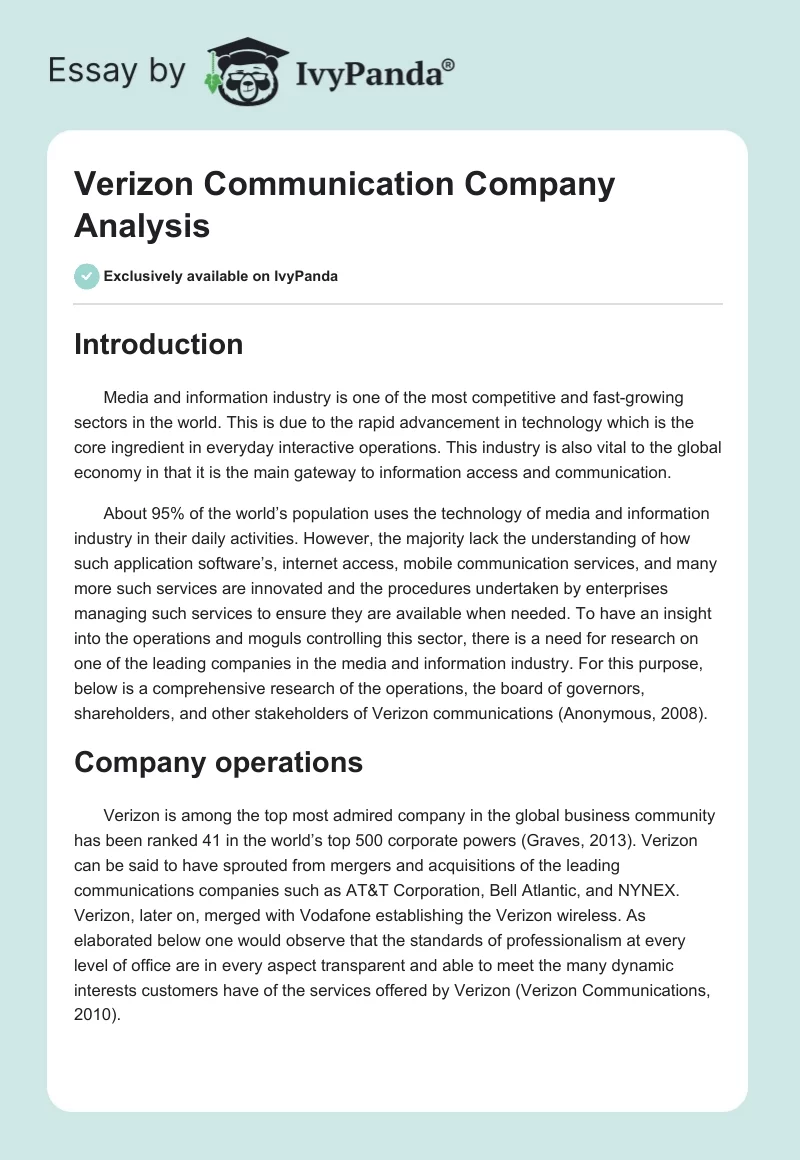 Verizon Communication Company Analysis. Page 1
