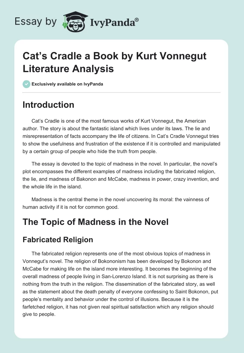 "Cat’s Cradle" a Book by Kurt Vonnegut Literature Analysis. Page 1