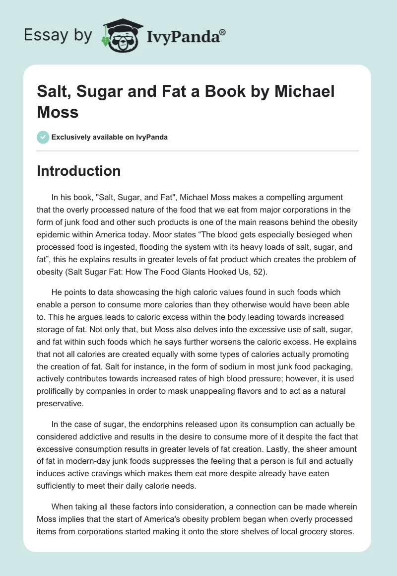 "Salt, Sugar and Fat" a Book by Michael Moss. Page 1