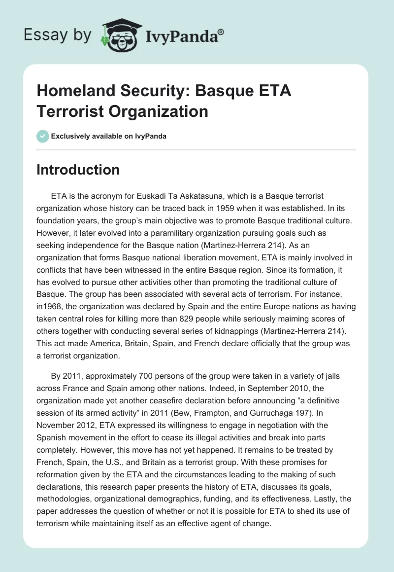 Homeland Security: Basque ETA Terrorist Organization. Page 1