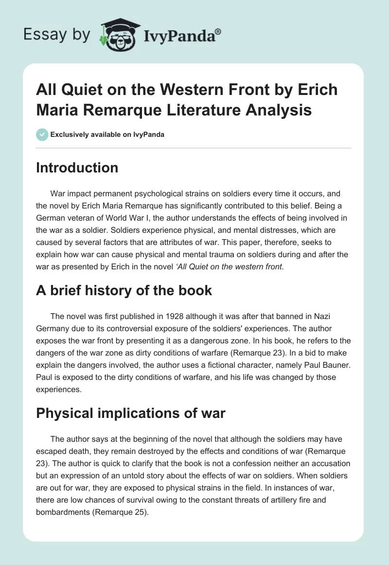 "All Quiet on the Western Front" by Erich Maria Remarque Literature Analysis. Page 1