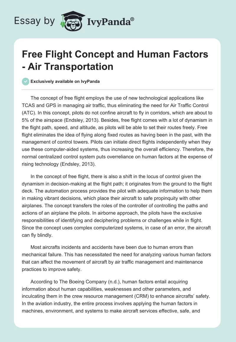 Free Flight Concept and Human Factors - Air Transportation. Page 1