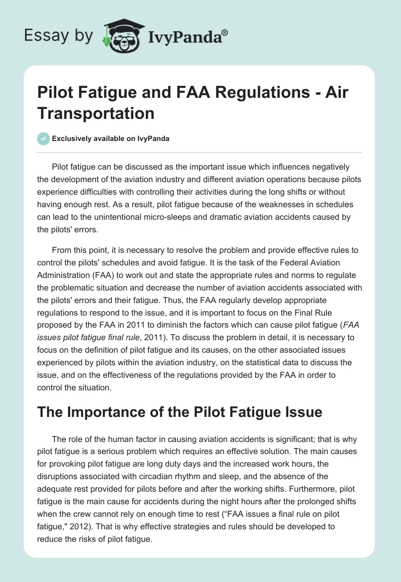 Pilot Fatigue and FAA Regulations - Air Transportation. Page 1