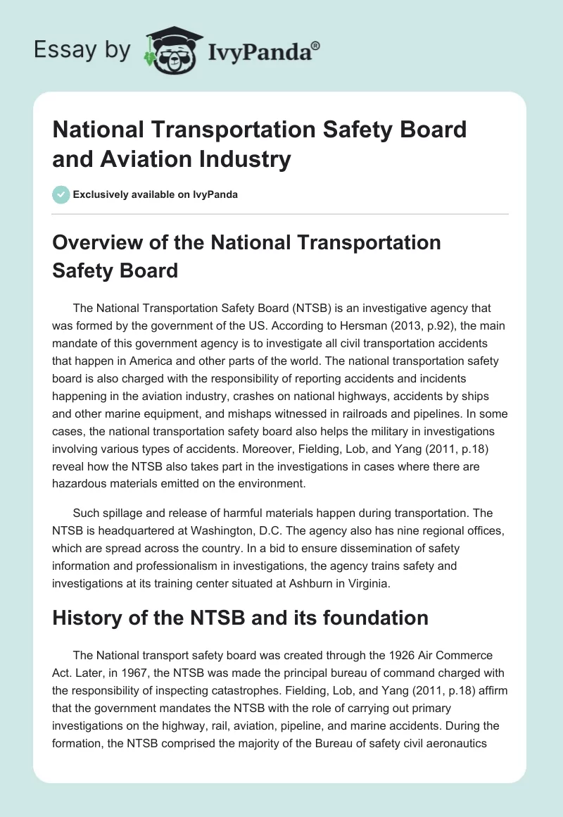 National Transportation Safety Board and Aviation Industry. Page 1