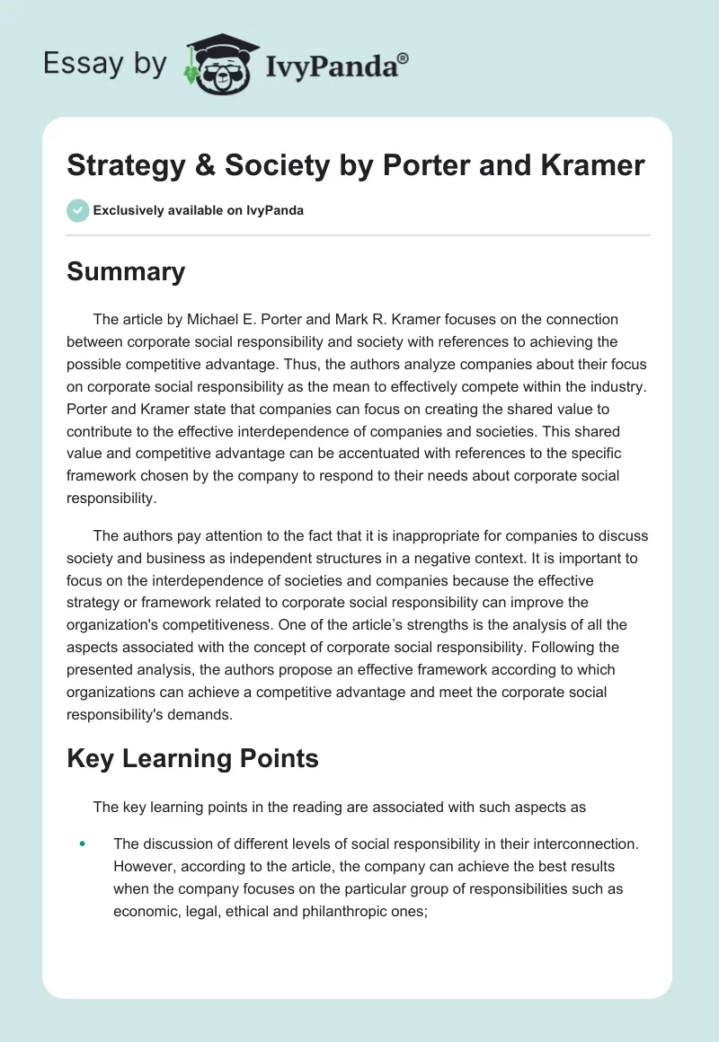 "Strategy & Society" by Porter and Kramer. Page 1