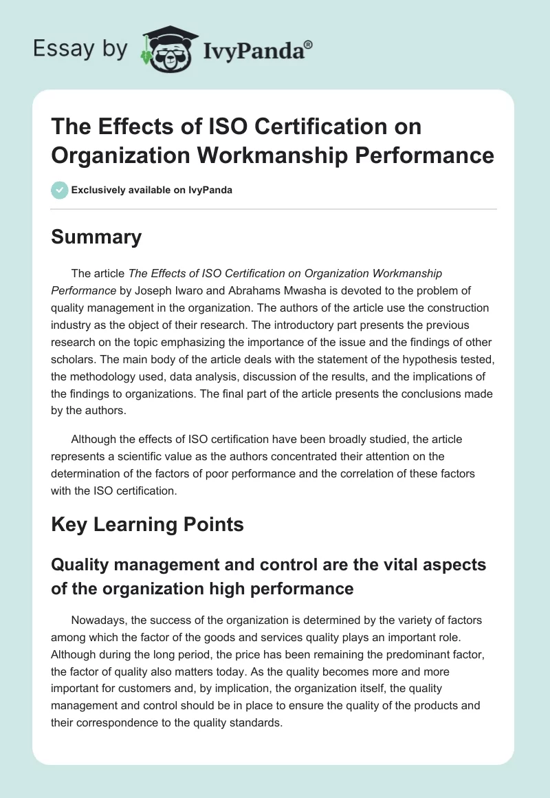 The Effects of ISO Certification on Organization Workmanship Performance. Page 1